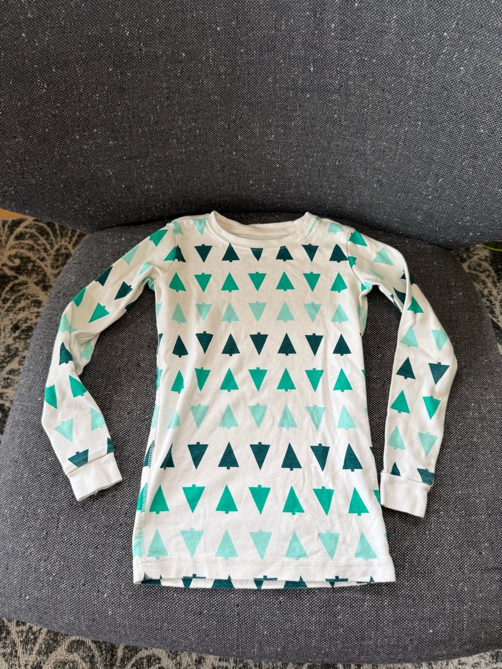 Primary White Pajama Top with Teal and Dark Teal Triangle Christmas Tree Print